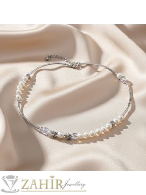 Ултра модерно ръчно изработено колие от стоманени дъгички, бели перли майорка, луксозни кубични кристали и стоманени накрайници - KA1159